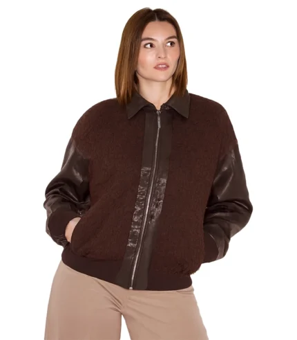 Contrast Brown Faux Leather Jacket Plus Size