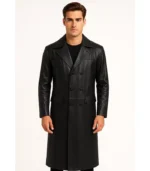 A men’s Delmar black leather coat featuring a classic double-breasted front with silver-tone buttons, wide notched lapels, and a structured mid-length fit.