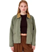 Khaki Zip Up Collar Plus Size Denim Jacket