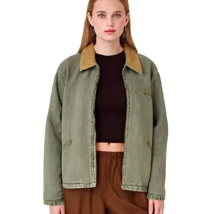 Khaki Zip Up Collar Plus Size Denim Jacket