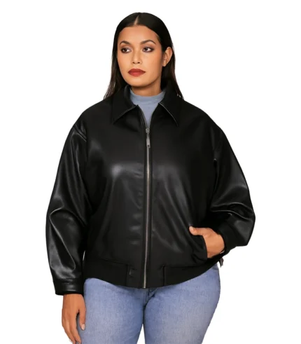 Plus Size Faux Leather Bomber Jacket