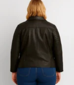 A stylish plus-size leather biker jacket featuring textured quilted patterns on the sleeves and a tailored waistline.