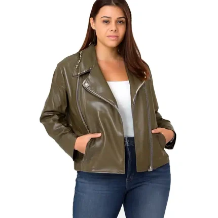 Womens Studded Collar Plus Size Leather Motorcycle Jacket