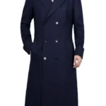 Aaron men’s blue double breasted long wool coat front view