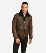 Men’s Julian aviator jacket featuring a rich brown exterior with a plush cream sherpa-lined collar and interior for cold-weather warmth.