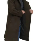 Mens Olive Green Long Wool Coat with Attached Hood