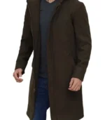 Mens Olive Green Long Wool Coat with Attached Hood