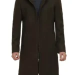 Mens Olive Green Long Wool Coat with Attached Hood