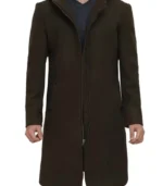 Mens Olive Green Long Wool Coat with Attached Hood