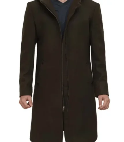 Mens Olive Green Long Wool Coat with Attached Hood
