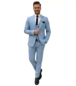 Men’s Stefano sky blue three-piece suit featuring a tailored blazer, matching single-breasted waistcoat, and slim-fit trousers.