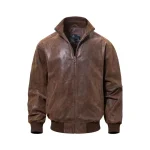 Mens Casual Real Brown Bomber Leather Jacket Front View