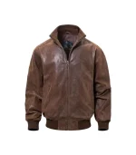 Mens Casual Real Brown Bomber Leather Jacket Front View