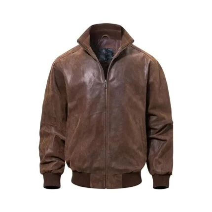 Mens Casual Real Brown Bomber Leather Jacket Front View