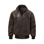 Mens Casual Real Dark Brown Bomber Leather Jacket Front View
