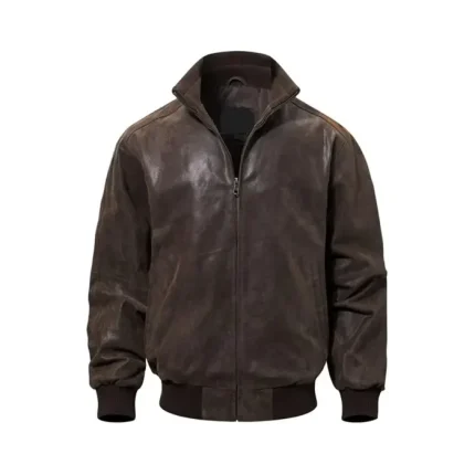 Mens Casual Real Dark Brown Bomber Leather Jacket Front View