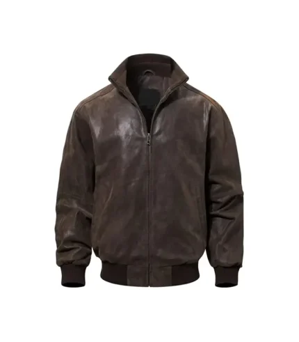 Mens Casual Real Dark Brown Bomber Leather Jacket Front View