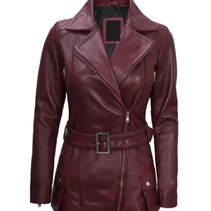 Womens Asymmetrical Burgundy Leather Biker Jacket