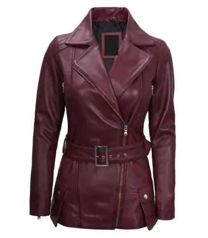 Womens Asymmetrical Burgundy Leather Biker Jacket