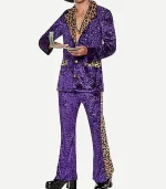 Full body shot of the purple and white patterned Slickback costume from Zellberry Jackets.