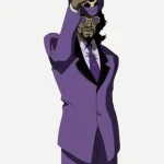 Front view look of the purple Slickback costume suit with a white fur-style trim from Zellberry Jackets.