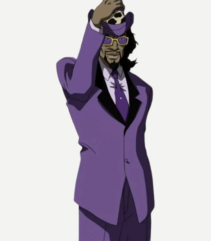 A Pimp Named Slickback Costume View Of Look Front view look of the purple Slickback costume suit with a white fur-style trim from Zellberry Jackets.