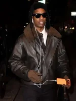 Close-up of ASAP Rocky shearling leather jacket with plush lining