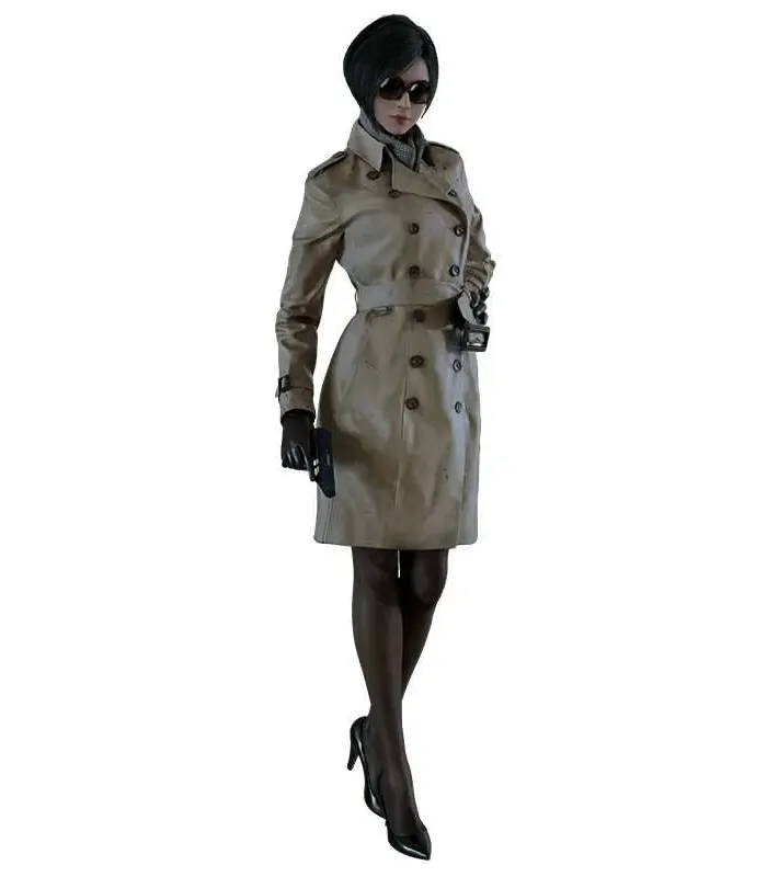 Ada-Wong-Resident-Evil-2-Trench-Coat-Front-Look Front look of the Ada Wong Resident Evil 2 beige trench coat from Zellberry Jackets.