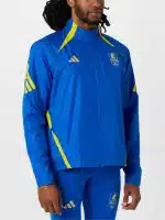 Adidas Boston Marathon Jacket 2026 product shot with collar, pockets, and zip closure.