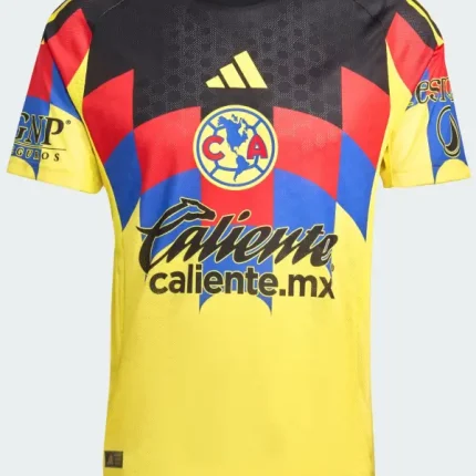 Adidas Club America 25/26 home jersey in yellow with eagle-feather chest graphic.