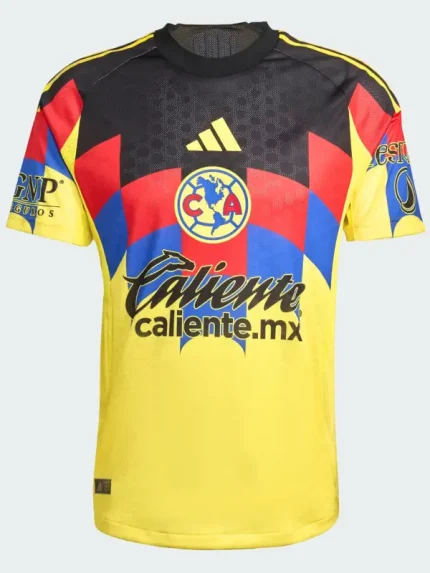 Adidas Club America 25/26 home jersey in yellow with eagle-feather chest graphic.