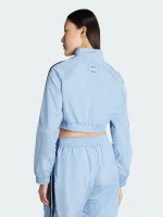 Blue cropped track jacket with a stand collar and smooth lines, perfect for casual wear, warm-ups, and weekends.