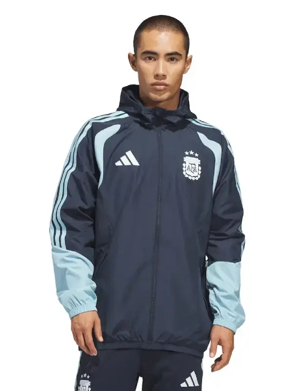 Argentina-Adidas-FIFA-x-World-Cup-2026-Full-Zip-Jacket. Argentina World Cup 2026 full-zip jacket in navy showing sporty fit and clean streetwear look