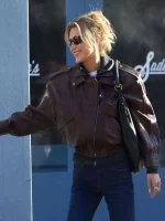 Front view of Bella Hadid-inspired brown leather jacket for women