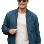 Blue suede bomber jacket inspired by Brad Pitt movie style