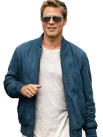 Blue suede bomber jacket inspired by Brad Pitt movie style