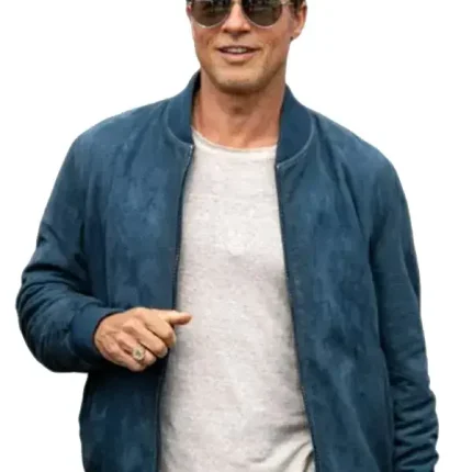 Blue suede bomber jacket inspired by Brad Pitt movie style