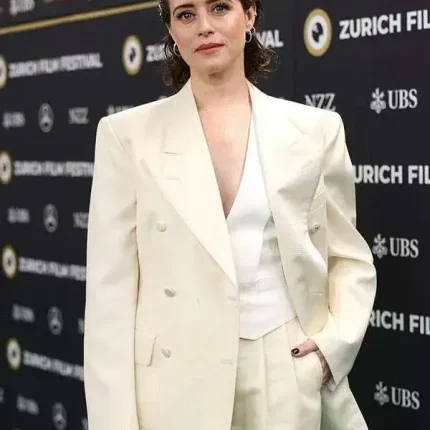 Claire Foy H Is for Hawk 2026 blazer in off white showing tailored fit and clean lapel front.