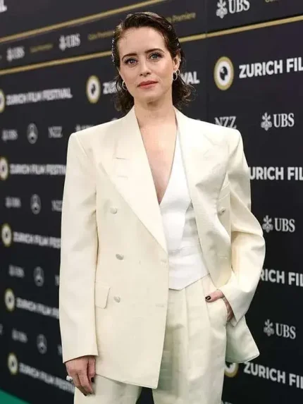 Claire Foy H Is for Hawk 2026 blazer in off white showing tailored fit and clean lapel front.