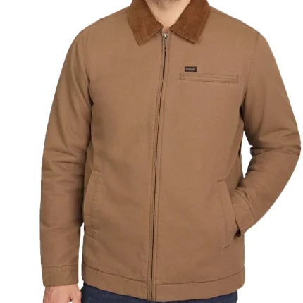 Front view of Costco Wrangler jacket in classic workwear style
