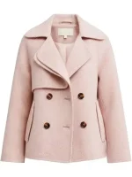 Front view of Dana Matheson pink wool peacoat with double-breasted design