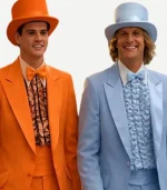 Detailed close-up of the ruffles and lapels on the blue tuxedo from Zellberry Jackets.