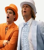 Close-up of the button closure on the orange tuxedo jacket by Zellberry Jackets.