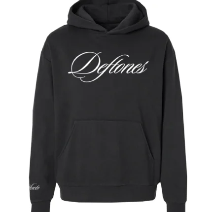 Front view of Black Deftones Hoodie featuring white embroidered script logo on chest.