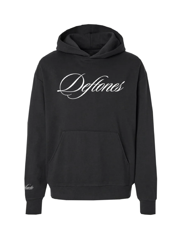 Embroidered-Script-Logo-Deftones-Hoodie-Black Front view of Black Deftones Hoodie featuring white embroidered script logo on chest.