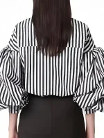 Back view of Emily in Paris S5 striped puff sleeve shirt for women