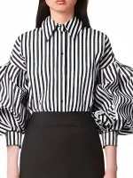 Front view of Lily Collins striped puff sleeve shirt from Emily in Paris S5