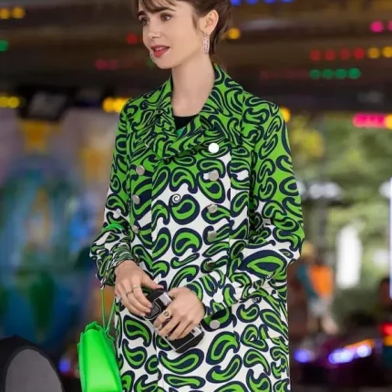 Emily in Paris S03 Lily Collins green printed coat front look for women