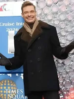 Full view of Ryan Seacrest 2026 black peacoat showing classic peacoat shape and clean winter style