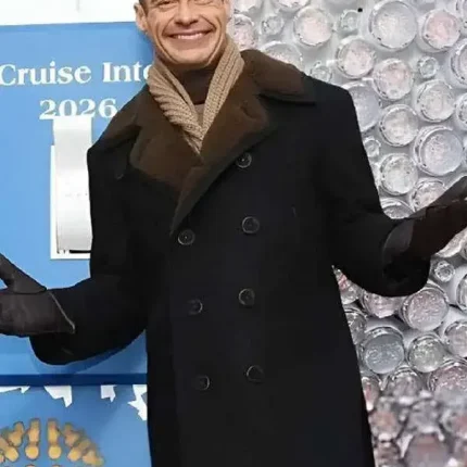 Full view of Ryan Seacrest 2026 black peacoat showing classic peacoat shape and clean winter style